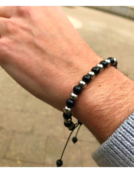 Pulsera Ajustable Piedras Negras en Acero