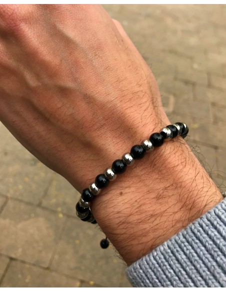 Pulsera Ajustable Piedras Negras en Acero