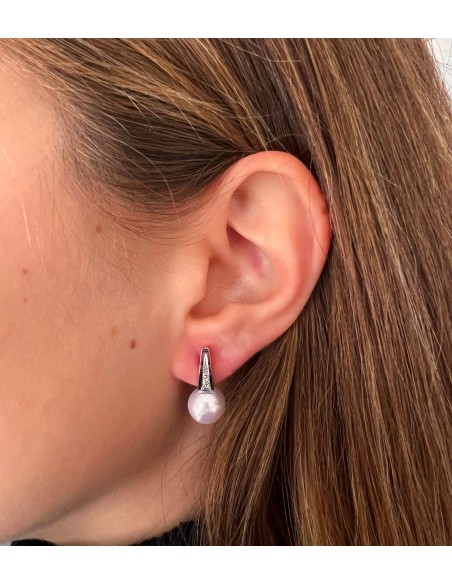 Pendientes de Oro Blanco 18k con Diamantes y Perla Natural