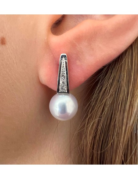 Pendientes de Oro Blanco 18k con Diamantes y Perla Natural