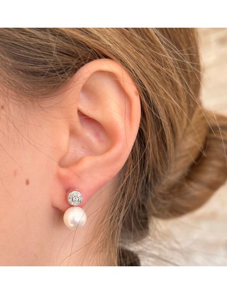 Pendientes de Perla en Oro Blanco 18k con Diamantes