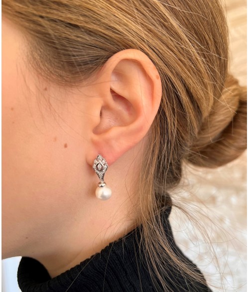 Pendientes Perla con Diamantes en Oro...
