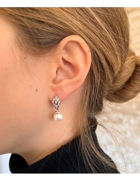 Pendientes Perla con Diamantes en Oro Blanco 18k