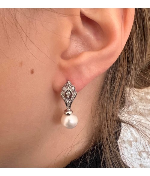 Pendientes Perla con Diamantes en Oro...