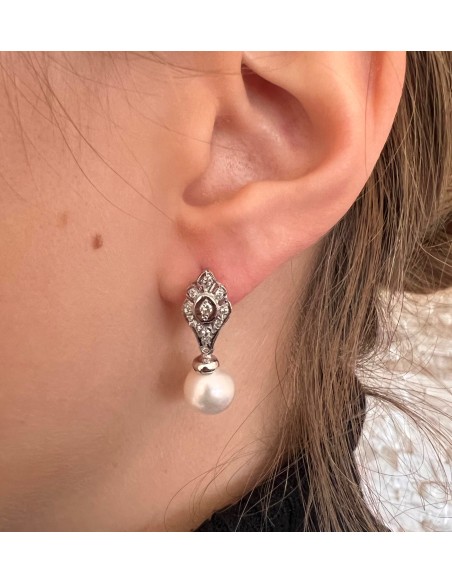Pendientes Perla con Diamantes en Oro Blanco 18k