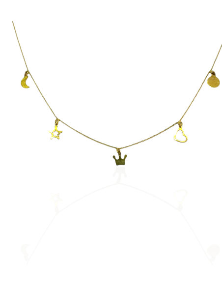 Collar Luna Estrella Corazon y Corona en Oro Amarillo 18k