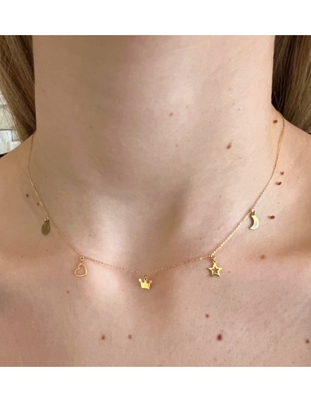 Collar Luna Estrella Corazon y Corona en Oro Amarillo 18k