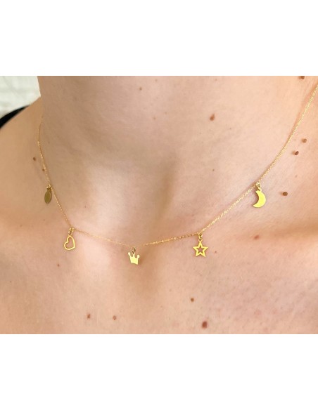 Collar Luna Estrella Corazon y Corona en Oro Amarillo 18k