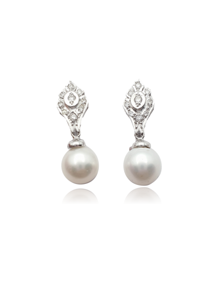 Pendientes Perla con Diamantes en Oro Blanco 18k