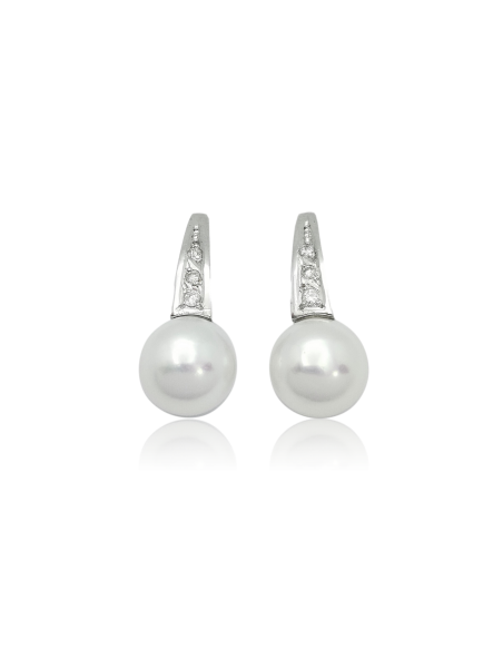 Pendientes de Oro Blanco 18k con Diamantes y Perla Natural